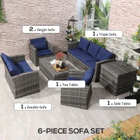 Outsunny 6 Pieces Wicker Patio Furniture Set with Cushions, 7-Seater Rattan Patio Sofa Set with Storage Coffee Table & Side Table, Sectional Outdoor Furniture Set, Blue(m-6)
