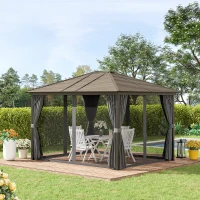 Outsunny 10'x12' Hardtop Gazebo with Mesh Curtains, Steel Slat Canopy, Outdoor Shelter for Patio, Garden, Dark Grey(m-7)