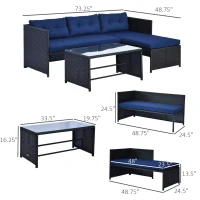 Outsunny 3 Piece Patio Furniture Set, Rattan Outdoor Sofa Set with Chaise Lounge & Loveseat, Soft Cushions, Tempered Glass Table, L-Shaped Sectional Couch, Blue(m-3)
