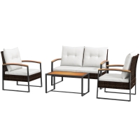 Outsunny 4 Piece Rattan Patio Furniture Set with Loveseat Sofa, Chair, Wood Coffee Table, Cushions for Outdoor, Backyard, White