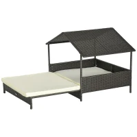 PawHut Outdoor Dog Bed Extendable Wicker Dog Bed w/ Waterproof Roof, Soft Cushion, for Small and Medium Dogs, Cream White(m-1)