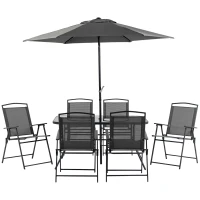 Outsunny 8 Piece Patio Dining Set with Table Umbrella, 6 Folding Chairs and Rectangle Dining Table, Outdoor Patio Furniture Set, Black(m-1)