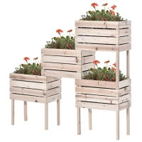 Outsunny 4PCS Wooden Raised Beds for Garden, DIY Shape Elevated Planter Box Kit with Bed Liner for Flowers Vegetables, Outdoor Indoor Planting Box Container(m-2)
