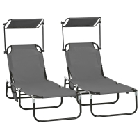 Outsunny Pool Chaise Lounge Chairs Set of 2, Folding Lounge Chairs with Sunshade, Reclining Back, Steel Frame, Dark Gray