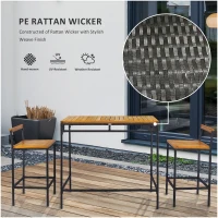 Outsunny 3-Piece Wicker Bar Set, Patio Bar Table Chair w/ Acacia Wood Top, 43.3" x 23.6" x 39.4", Dark Brown(m-5)