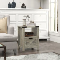 HOMCOM Side Table with Storage, Farmhouse End Table with Drawer, Open Shelf and Barn-style Panel, Nightstand for Living Room, Bedroom, Grey(m-1)
