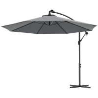 Outsunny 10ft Outdoor Cantilever Hanging Offset Umbrella with Solar LED Lights, Crank, Cross Base, Aluminum Frame, Grey(m-2)