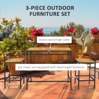 Outsunny 3-Piece Wicker Bar Set, Patio Bar Table Chair w/ Acacia Wood Top, 43.3" x 23.6" x 39.4", Dark Brown(m-4)
