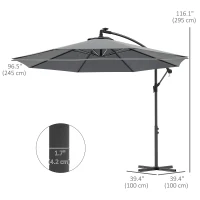 Outsunny 10ft Outdoor Cantilever Hanging Offset Umbrella with Solar LED Lights, Crank, Cross Base, Aluminum Frame, Grey(m-3)