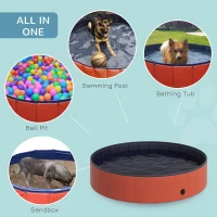 PawHut Folding Dog Pool Portable Pet Kiddie Swimming Pool, Outdoor/Indoor Puppy Bath Tub with Nonslip Bottom for Dogs & Cats,  (Φ55", Red)(m-4)