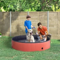 PawHut Folding Dog Pool Portable Pet Kiddie Swimming Pool, Outdoor/Indoor Puppy Bath Tub with Nonslip Bottom for Dogs & Cats,  (Φ55", Red)(m-1)