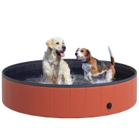 PawHut Folding Dog Pool Portable Pet Kiddie Swimming Pool, Outdoor/Indoor Puppy Bath Tub with Nonslip Bottom for Dogs & Cats,  (Φ55", Red)(m-2)