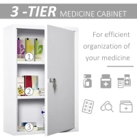 kleankin Wall Mount Medicine Cabinet 3 Tier Steel Emergency Box for Bathroom, Lockable with 2 Keys, White(m-5)