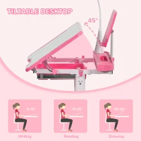 Qaba Kids Desk and Chair Set, Height Adjustable School Study Table and Chair, Student Writing Desk with Tilt Desktop, LED Light, Pen Box, Drawer, Reading Board, Cup Holder, and Pen Slots, Pink(m-6)