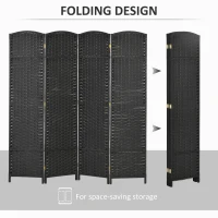 HOMCOM 5.6 Ft Tall Folding Room Divider, 4-panel Portable Privacy Screen, Hand-Woven Partition Wall Divider, Black(m-5)