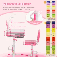 Qaba Kids Desk and Chair Set, Height Adjustable School Study Table and Chair, Student Writing Desk with Tilt Desktop, LED Light, Pen Box, Drawer, Reading Board, Cup Holder, and Pen Slots, Pink(m-4)