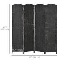 HOMCOM 5.6 Ft Tall Folding Room Divider, 4-panel Portable Privacy Screen, Hand-Woven Partition Wall Divider, Black(m-3)
