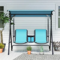 Outsunny 2 Person Porch Swing with Canopy, Storage Table, Cup Holder, Blue(m-8)