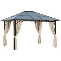 Outsunny 10' x 12' Hardtop Gazebo Canopy with Polycarbonate Roof, Aluminum Frame, Permanent Pavilion Outdoor Gazebo with Netting, for Patio, Garden, Backyard, Deck, Lawn, Dark Brown, Off-White(m-1)