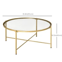 HOMCOM Modern Round Coffee Table with Tempered Glass Tabletop, Accent Side Table, Center Table for Living Room, Gold(m-3)