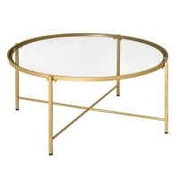 HOMCOM 36" Round Coffee Table with Tempered Glass Top, Modern Sofa Table with Metal Frame for Living Room, Gold(m-1)