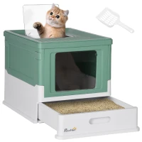 PawHut Fully Enclosed Cat Litter Box with Front Entry and Top Exit, Plastic, Green & White(m-11)