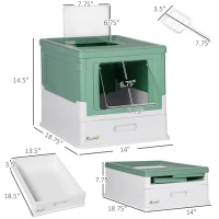 PawHut Fully Enclosed Cat Litter Box with Front Entry and Top Exit, Plastic, Green & White(m-3)