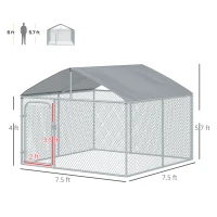 PawHut Outdoor Dog Kennel, Heavy Duty Dog Run Outdoor Fence with Waterproof Cover, Galvanized Chain Link, Secure Lock, 7.5' x 7.5' x 5.6'(m-3)