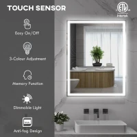 HOMCOM 36" x 28" Bathroom Mirror with LED Lights, Dimmable Makeup Mirror, Vanity Mirror with 3 Colors, Smart Touch, Anti-Fog(m-4)