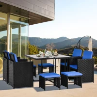 Outsunny 9 Pieces Wicker Patio Dining Set Outdoor Furniture Set with Removable Cushions, Glass Top Dining Table, Ottomans, PE Rattan Conversation Set for Garden Poolside, Blue(m-1)