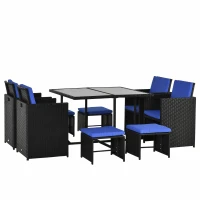 Outsunny 9 Pieces Wicker Patio Dining Set Outdoor Furniture Set with Removable Cushions, Glass Top Dining Table, Ottomans, PE Rattan Conversation Set for Garden Poolside, Blue(m-2)