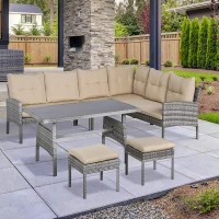 Outsunny 6 PCS Outdoor Patio Dining Table Sets All Weather PE Rattan Sofa Chair Furniture set Indoor Outdoor Backyard Garden with Cushions Khaki(m-1)