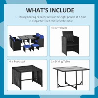 Outsunny 9 Pieces Wicker Patio Dining Set Outdoor Furniture Set with Removable Cushions, Glass Top Dining Table, Ottomans, PE Rattan Conversation Set for Garden Poolside, Blue(m-5)