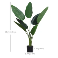 Outsunny 4FT Artificial Bird of Paradise Plant, Fake Tropical Palm Plant with 7 Banana Leaves in Pot, Faux Plant for Indoor , Green(m-3)