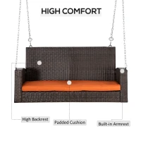 Outsunny 2 Person Wicker Hanging Swing Bench, Front Porch Swing Outdoor Chair with Cushions 550 lbs. Weight Capacity for Backyard, Garden, Orange(m-5)