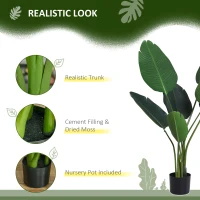 Outsunny 4FT Artificial Bird of Paradise Plant, Fake Tropical Palm Plant with 7 Banana Leaves in Pot, Faux Plant for Indoor , Green(m-4)