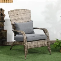 Outsunny Patio Wicker Adirondack Chair, Outdoor All-Weather Rattan Fire Pit Chair w/ Soft Cushions, Tall Curved Backrest and Comfortable Armrests for Deck or Garden, Mixed Tan/Dark Gray(m-2)