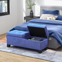 HOMCOM 46" Storage Ottoman Bench, Upholstered End of Bed Bench with Steel Frame, Button Tufted Storage Bench with Safety Hinges for Living Room, Entryway, Bedroom, Blue(m-9)