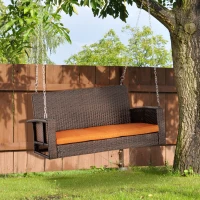 Outsunny 2 Person Wicker Hanging Swing Bench, Front Porch Swing Outdoor Chair with Cushions 550 lbs. Weight Capacity for Backyard, Garden, Orange(m-2)