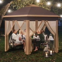 Outsunny 11' x 13' Pop up Gazebo with Netting & Solar LED Lights, Instant Portable Gazebo Shelter, Hexagonal Outdoor Canopy Tent Screen House Room with Carry Bag, Beige(m-2)