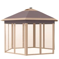 Outsunny 11' x 13' Pop up Gazebo with Netting & Solar LED Lights, Instant Portable Gazebo Shelter, Hexagonal Outdoor Canopy Tent Screen House Room with Carry Bag, Beige(m-1)