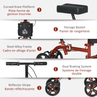 HOMCOM Steerable Knee Walker, Foldable Knee Scooter with Dual Braking System, Adjustable Height, Crutch Alternative, Red(m-6)