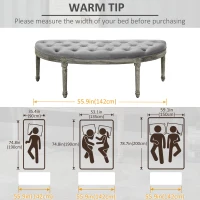 HOMCOM Vintage Semi-Circle End of Bed Bench, Upholstered Bedroom Entryway Bench with Tufted Velvet-Touch Fabric with Rubberwood Legs, Gray(m-7)