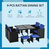 Outsunny 9 Pieces Wicker Patio Dining Set Outdoor Furniture Set with Removable Cushions, Glass Top Dining Table, Ottomans, PE Rattan Conversation Set for Garden Poolside, Blue(m-4)