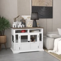 PawHut Dog Kennel Furniture Side End Table with Storage, Double Doors for Small and Medium Dogs, White(m-2)