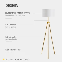 HOMCOM 59.75" Tripod Floor Lamp with Pull Chain Standing, Fabric Lampshade E26 Lamp Holder Steel for Living Room, Bedroom, Office, Gold(m-4)