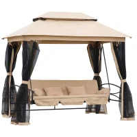 Outsunny 3-Seat Patio Swing Chair, Outdoor Gazebo Swing with Double Tier Canopy, Mesh Sidewalls, Cushioned Seat and Pillows, Beige(m-1)