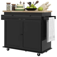 HOMCOM Farmhouse Rolling Island with Wheels for Kitchen, Wood Breakfast Bar Kitchen Island on Rollers, Drawer and Doors, Black(m-1)