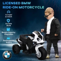 Aosom Kids Motorcycle, 6V Battery Powered Toddler Motorcycle with Headlight, Music, 3 Wheels Electric Motorcycle for Kids, Licensed BMW, Gift for Boys & Girls -Black(m-5)