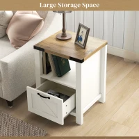 HOMCOM Side Table with Storage, Farmhouse End Table with Drawer, Open Shelf and Barn-style Panel, Nightstand for Living Room, Bedroom, White(m-4)